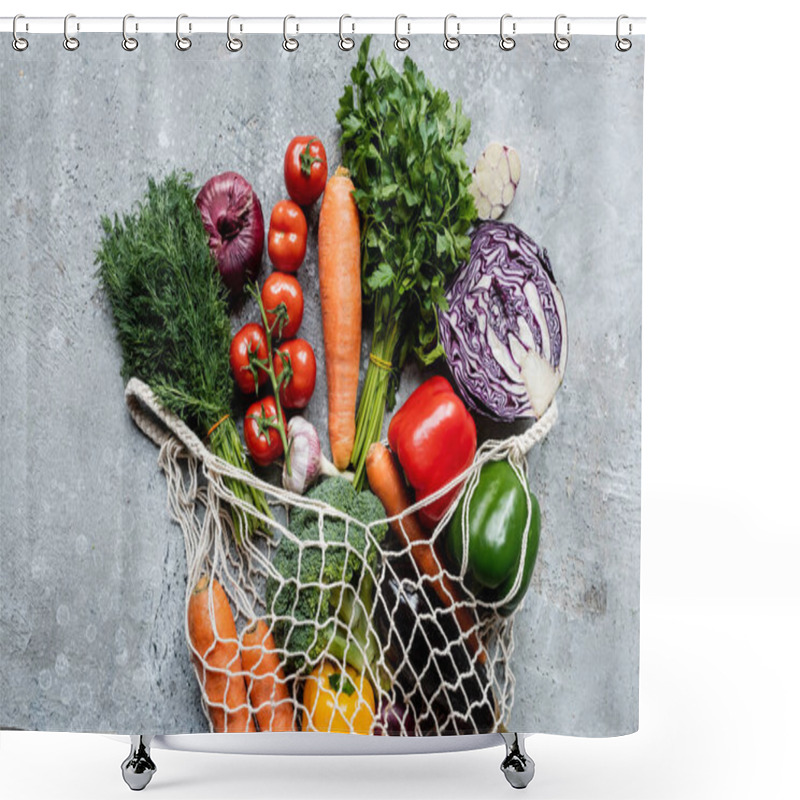 Personality  Top View Of Fresh Ripe Vegetables In String Bag On Grey Concrete Surface Shower Curtains