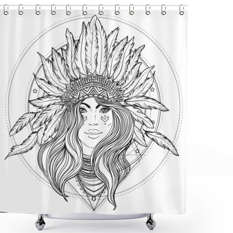 Personality  Tribal Fusion Boho Diva. Black And White Illustration Of Native American Indian Girl In Traditional Feather Headdress Bonnet. Shower Curtains