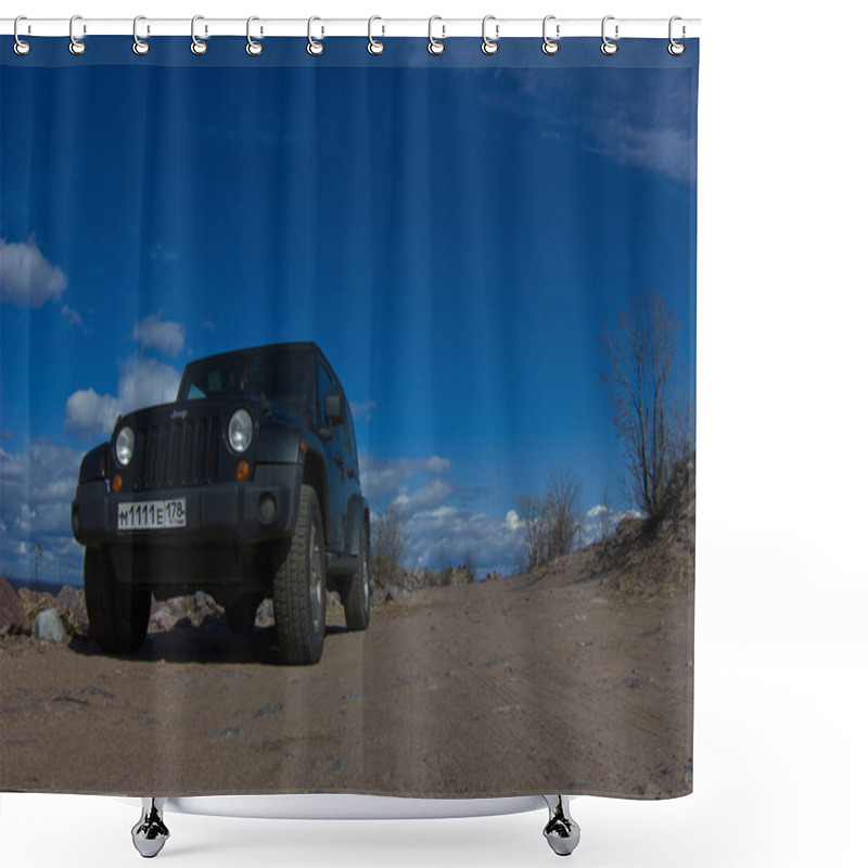 Personality  Novgorod Region, Russia, August 15, 2014: Journey To The Jeep Wrangler Unlimited Sahara For Novgorod Region. Wrangler Is A Compact Four Wheel Drive Off Road And Sport Utility Vehicle Shower Curtains