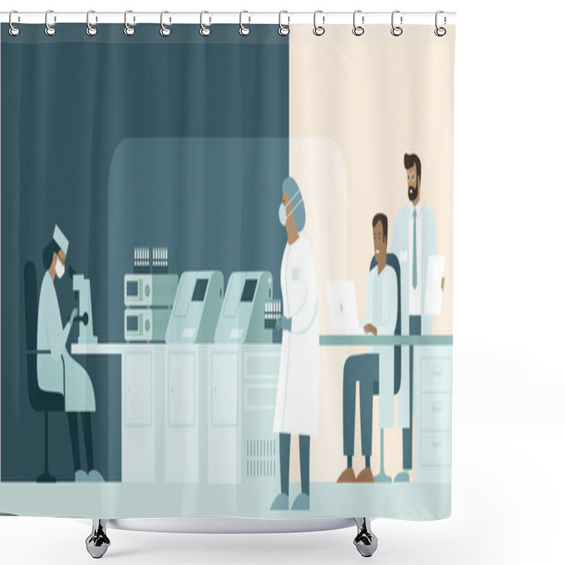 Personality  Team Of Medic Scientist Making Research In Lab. Development Of Vaccine Protecting People From Novel Coronavirus Causing Covid-19 Viral Pneumonia Pandemic Outbreak Worldwide  Flat Vector Illustration Shower Curtains