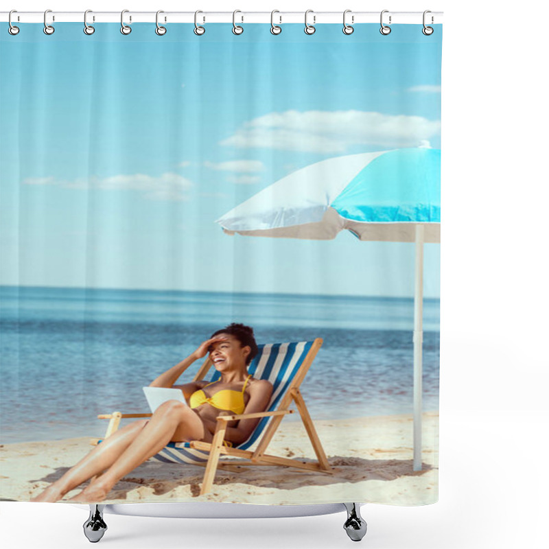 Personality  Laughing African American Woman Relaxing On Deck Chair And Using Digital Tablet Under Beach Umbrella In Front Of Sea  Shower Curtains