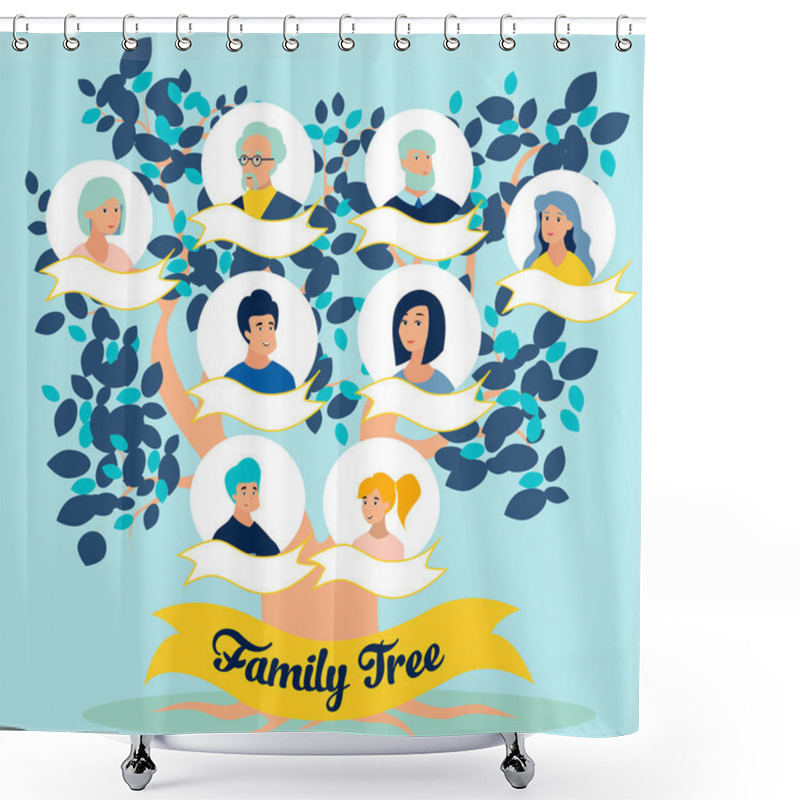 Personality  Family Tree, Photos Of Relatives, Generations. In Minimalist Style Cartoon Flat Raster Shower Curtains