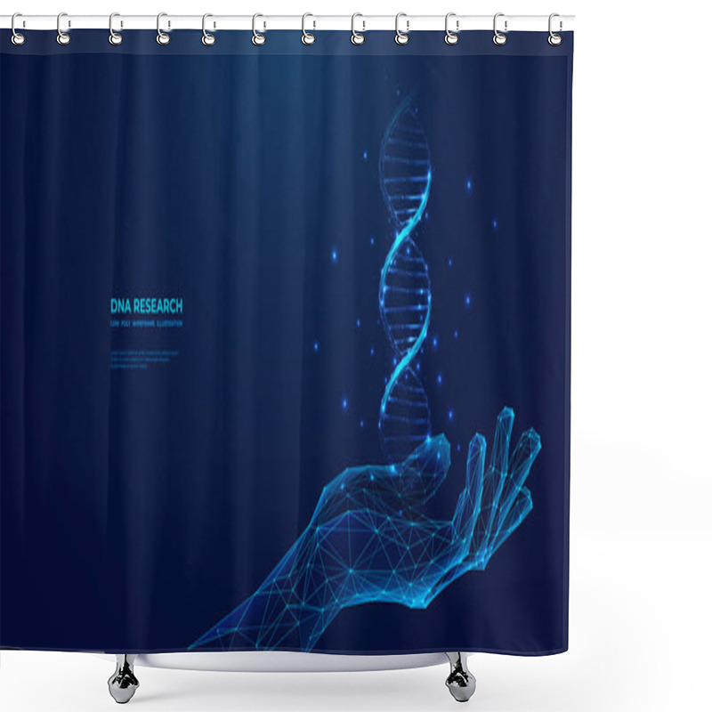 Personality  Abstract Hologram Of DNA Helix In A Hand On A Blue Background. Digital Hand-holding Double Helix In Futuristic Light Monochrome Low Poly Wireframe Style. Medical, Science Concept. Vector Illustration. Shower Curtains