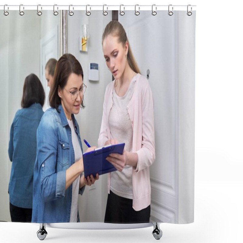 Personality  Female Social Worker Talking To Middle Aged Woman At Home Shower Curtains