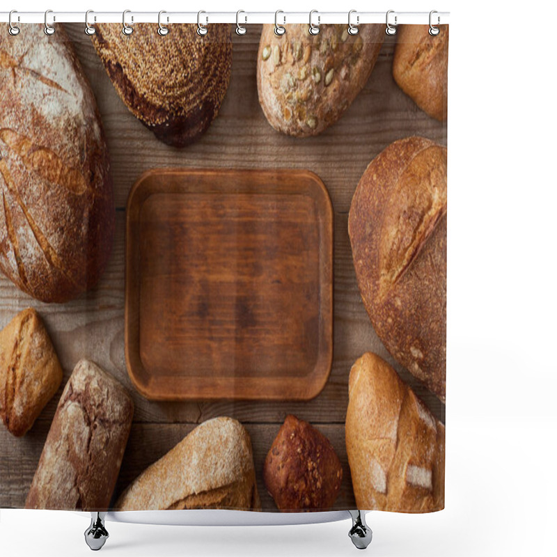 Personality  Top View Of Fresh Homemade Loaves Of Bread Around Wooden Empty Chopping Board Shower Curtains