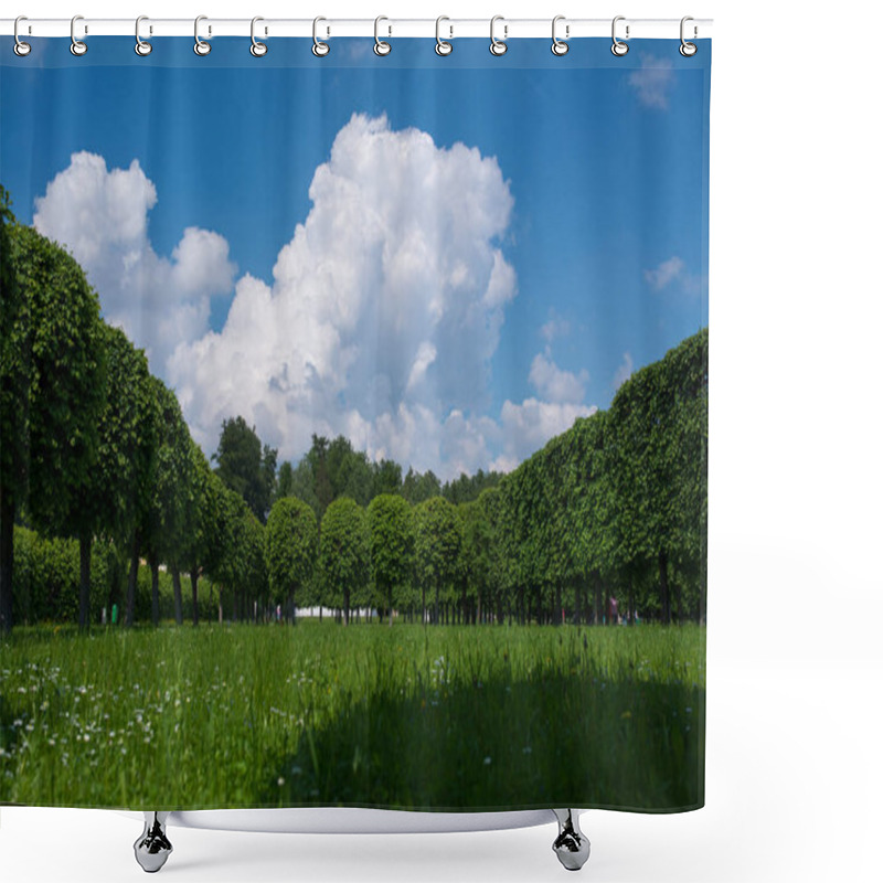 Personality  Large Grass Spring Field In The Middle And Big Trees Forest Around, Sun And Blue Sky With Fluffy Clouds As Background Shower Curtains