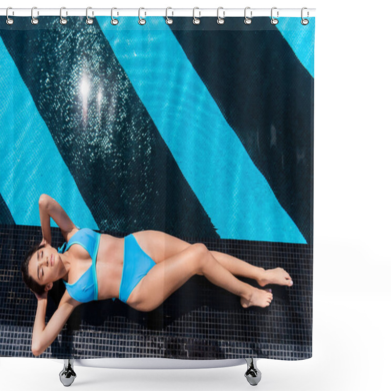 Personality  Top View Of Girl In Blue Bikini Sunbathing At Poolside Shower Curtains