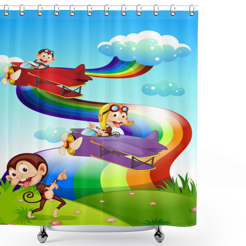 Personality  A Sky With A Rainbow And Planes With Monkeys Shower Curtains