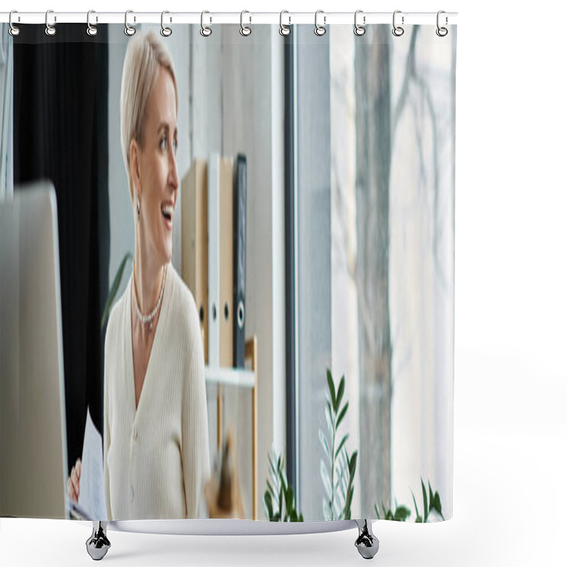 Personality  Middle-aged Businesswoman With Short Hair Standing Confidently In Front Of A Laptop Computer In A Modern Office Setting. Shower Curtains