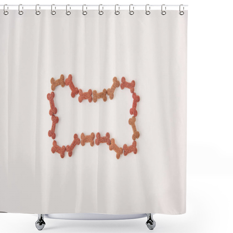 Personality  Top View Of Bone Made Of Dog Food On White Surface Shower Curtains