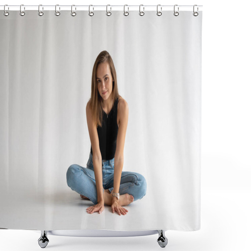 Personality  Portrait Of Happy Young Pensive Woman Posing In Black Underwear And Blue Jeans Without A Shoes, Sitting On A White Floor In White Studio. Model Tests Of Pretty Girl In Basic Clothes On Cyclorama. Shower Curtains