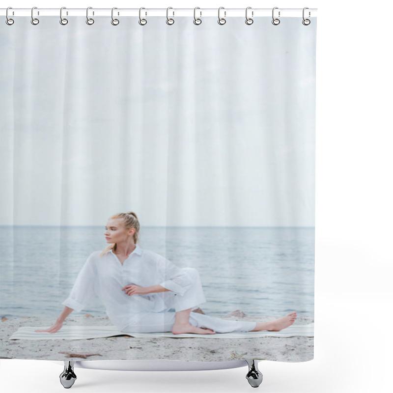 Personality  Attractive Woman Stretching While Sitting On Yoga Mat Near Sea  Shower Curtains