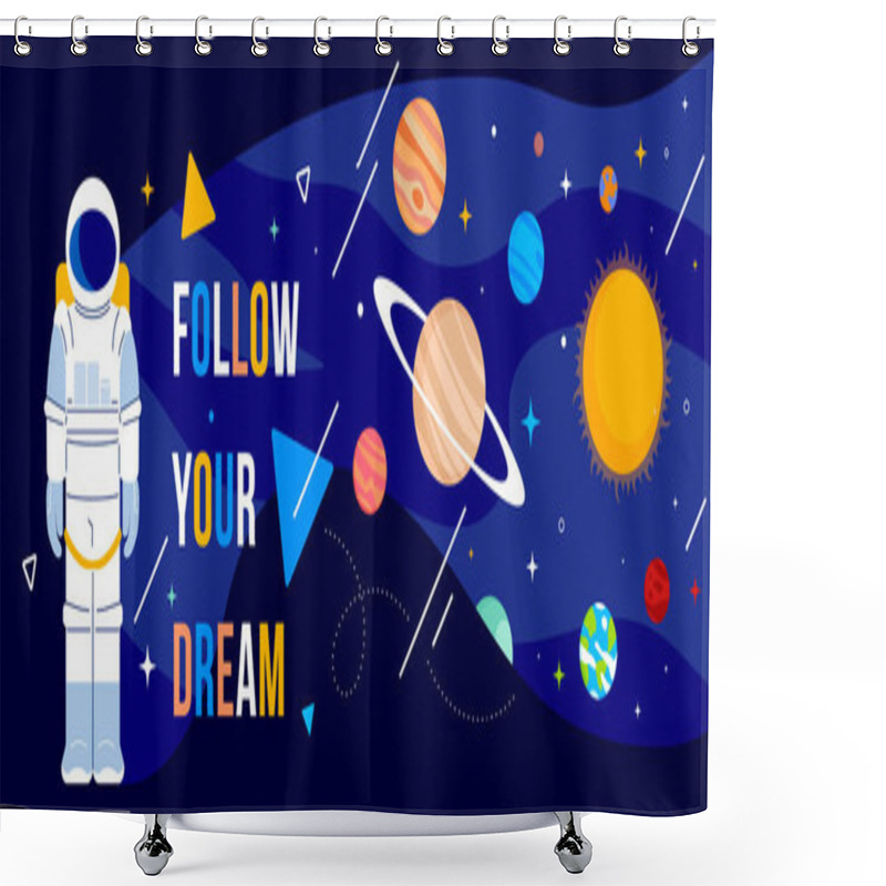 Personality  Vector Creative Illustration Of Cosmonaut In Spacesuit And Outer Space On Dark Background With Star. Flat Line Art Style Concept Design Of Astronaut And Planet For The Holiday Cosmonautics Day Greeting Banner Shower Curtains