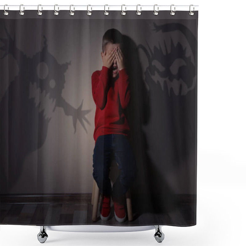 Personality  Shadows Of Monsters On Wall And Scared Little Boy In Room Shower Curtains