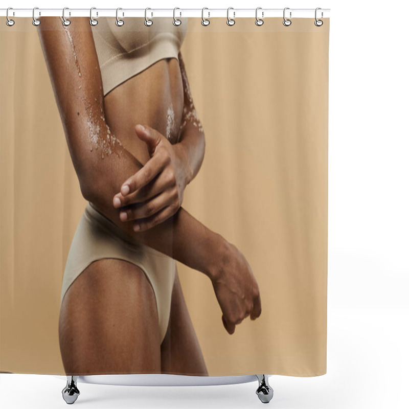 Personality  Slim African American Woman In White Bra And Tan Panties On Beige Background, Exuding Confidence And Self-care. Shower Curtains