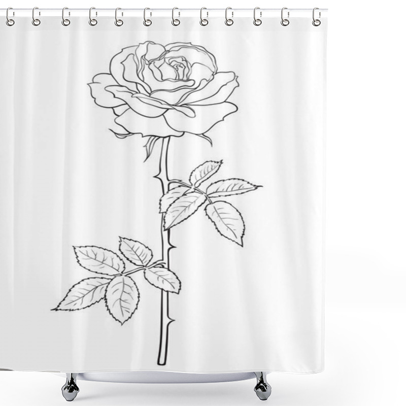 Personality  Black And White Rose Flower With Leaves And Stem. Decorative Element For Tattoo, Greeting Card, Wedding Invitation. Hand Drawn Vector Illustration. Shower Curtains