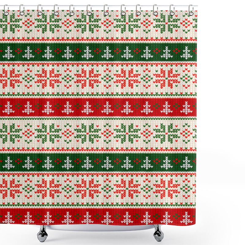 Personality  Ugly Sweater Merry Christmas Party Ornament. Vector Illustration Handmade Knitted Background Seamless Pattern With Christmas Tree, Snowflake, Scandinavian Ornament. White, Red Colored Knitting Shower Curtains