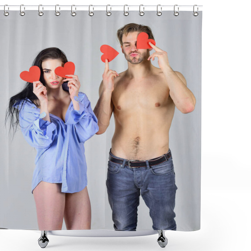 Personality  Sexual Relations Between People. Man Sexy Torso And Woman In His Shirt Hold Red Hearts Valentines Cards. Love And Relations Concept. Romantic Relations. Couple In Love Happy With Their Relations Shower Curtains