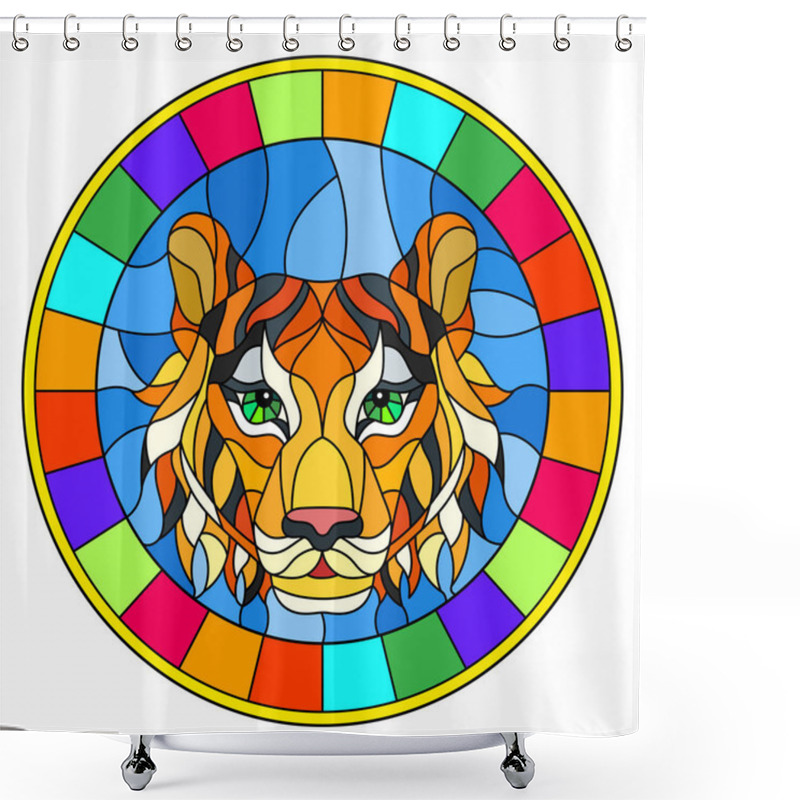 Personality  The Illustration In Stained Glass Style Painting With A Tiger's Head , A Circular Image With Bright Frame Shower Curtains