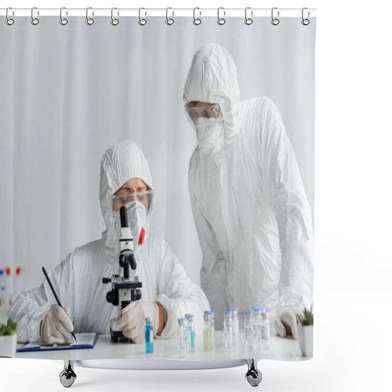 Personality  Scientists Researching Vaccine And Writing On Clipboard In Laboratory  Shower Curtains