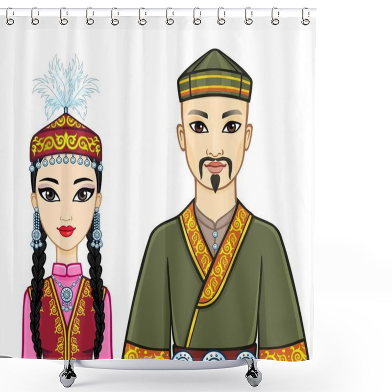 Personality  Animation  Portrait Of  Asian Family In A National Hat And Clothes. Central Asia. Vector Illustration Isolated On A White Background. Shower Curtains