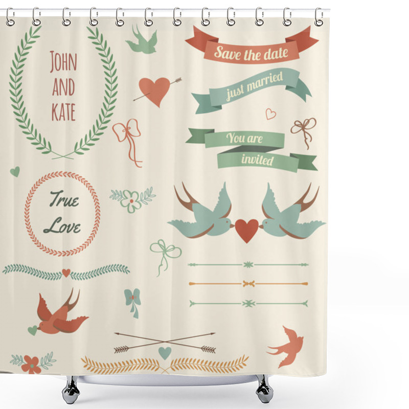 Personality  Vector Wedding Set With Birds, Hearts, Arrows, Ribbons, Wreaths, Shower Curtains