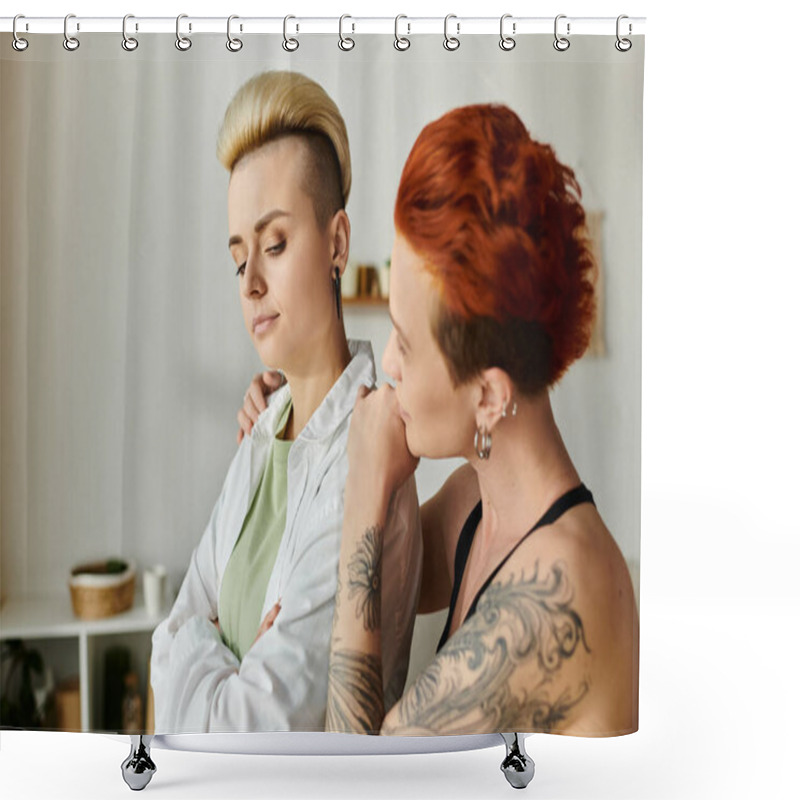 Personality  Two Passionately Inked Women Stand Together, Showcasing Their Stunning Tattoos And Shared Bond. Shower Curtains