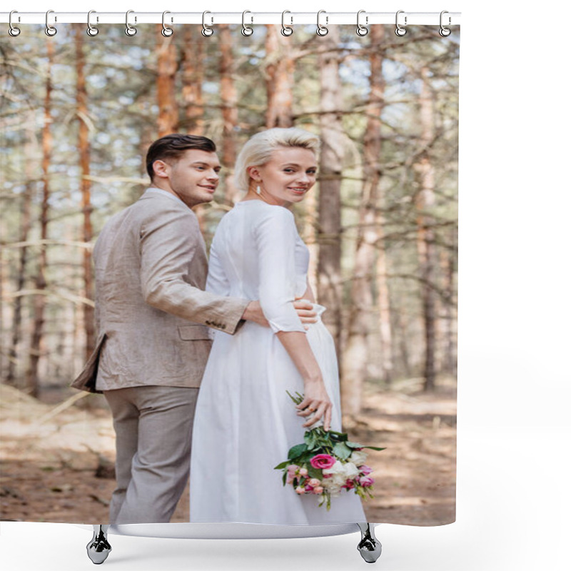 Personality  Smiling Bridegroom In Formal Wear Embracing Bride In Forest Shower Curtains