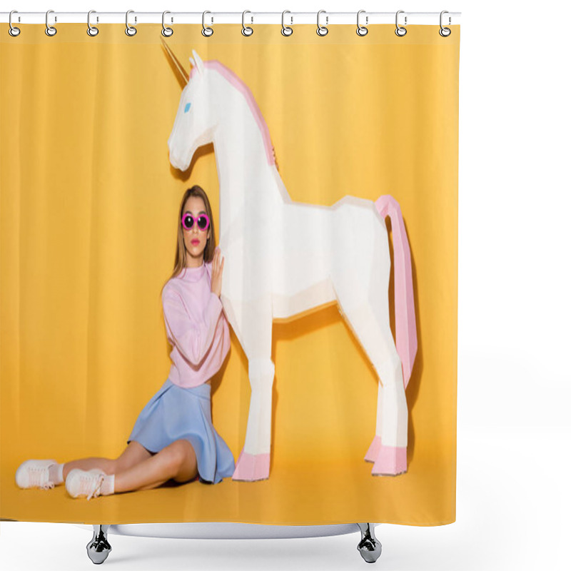 Personality  Young Female Model In Sunglasses Sitting On Floor And Embracing Decorative Unicorn On Yellow Background Shower Curtains