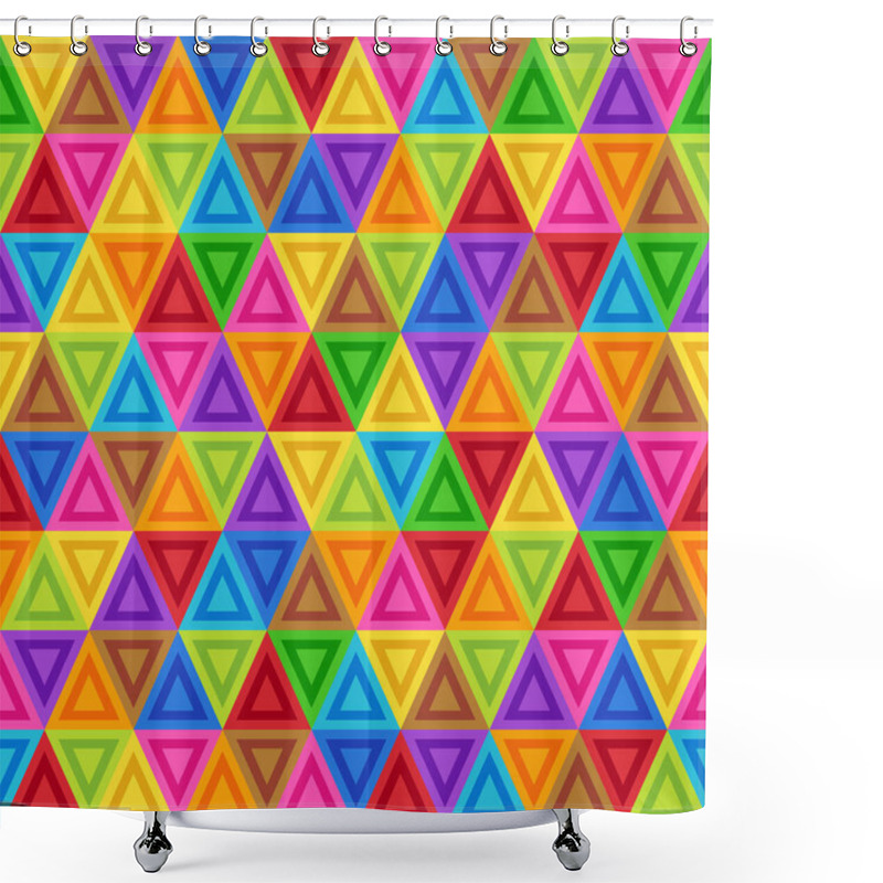 Personality  Geometric Seamless Pattern Of Triangles Of Blue, Brown, Crimson, Green, Orange, Red, Pink, Violet, Yellow Colors. Continuous Flat Symmetric Background Of Simple Geometric Triangular Figures. Shower Curtains