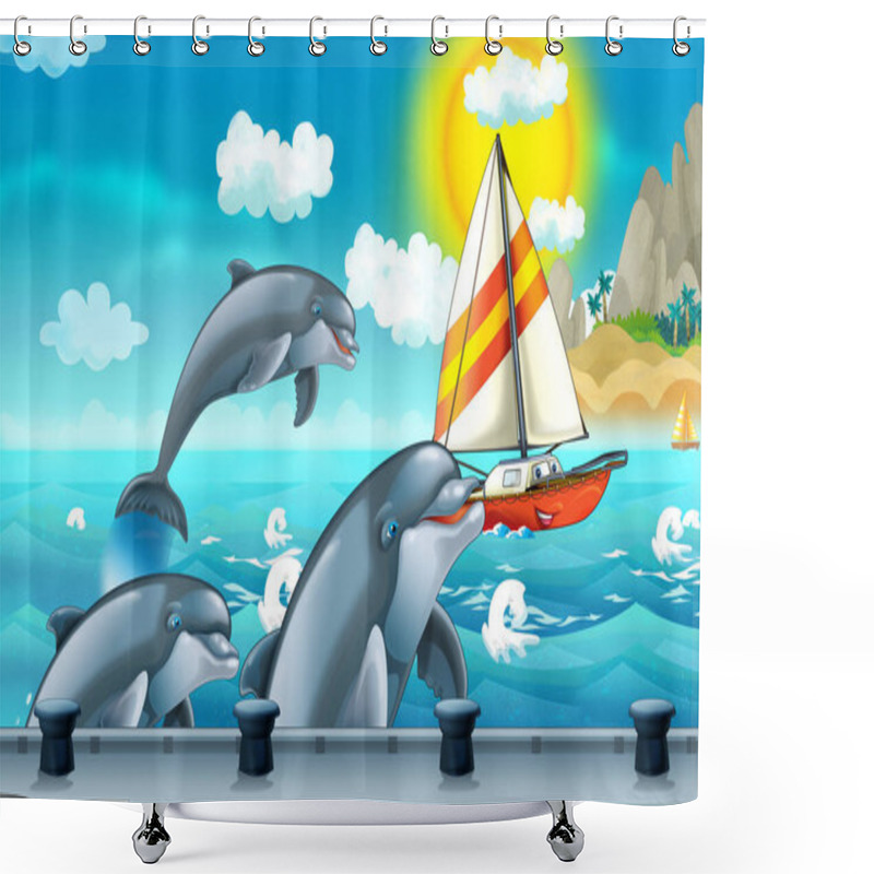 Personality  Cartoon Scene With Dolphins And Ship Sailing Into The Port - Illustration For Children Shower Curtains