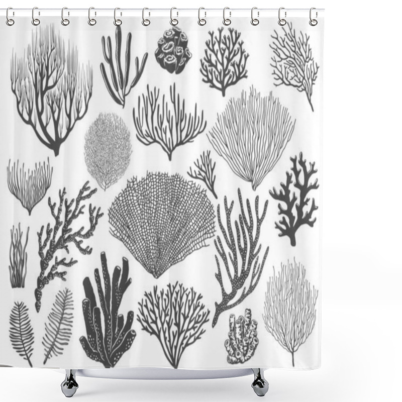 Personality  Sea Corals, Reef Sponges And Seaweeds. Ocean Bottom Life, Marine Animals And Plants, Topical Undersea Flora Species. Monochrome Vector Black, Stellar And Gorgonian Corals, Acropora Polyps Shower Curtains