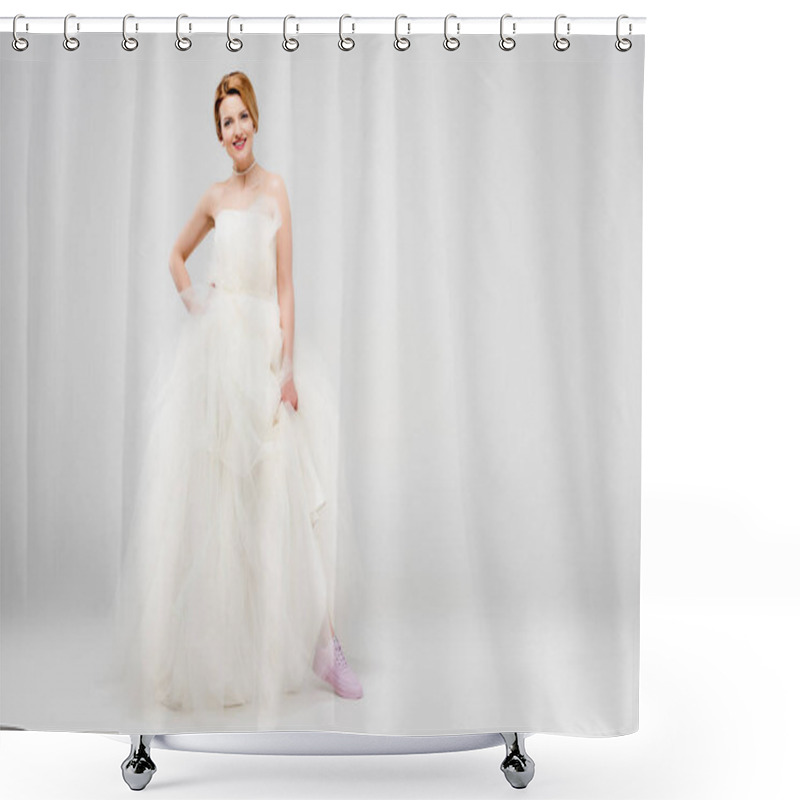 Personality  Smiling Bride In White Wedding Dress And Pink Sneakers, Isolated On Grey, Feminism Concept Shower Curtains