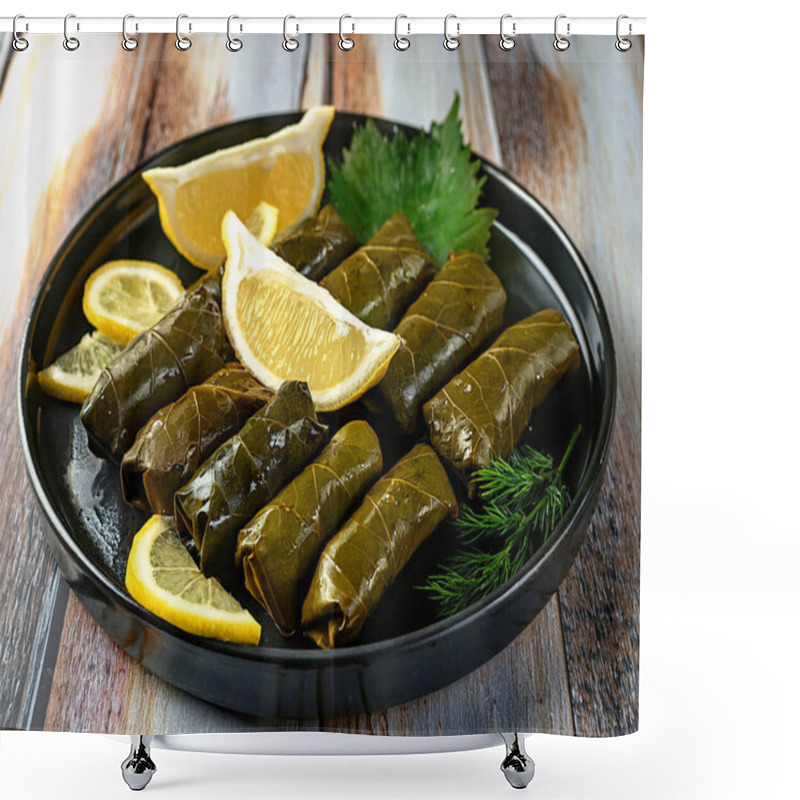 Personality  Stuffed Grape Leaves, Elegantly Arranged On A Dark Platter, Are Enhanced By A Drizzle Of Olive Oil And Complemented With Vibrant Lemon Slices And Fresh Herbs, Inviting A Culinary Experience. Shower Curtains