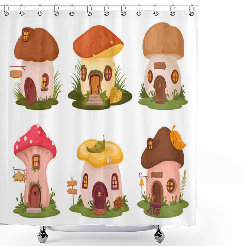 Personality  Fantasy Mushroom Houses. Cartoon Fairy Tale Forest Characters Tiny Houses, Cute Magic Mushroom Cabins Flat Vector Illustration Set. Mushroom Fairy Home Collection Shower Curtains