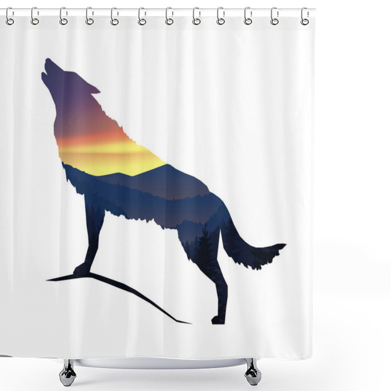 Personality  Silhouette Of Howling Wolf With Panorama Of Mountains. Valley(canyon).  Evening. Aurora. Shower Curtains