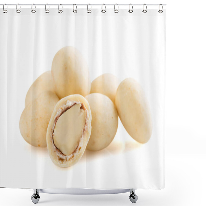 Personality  Heap Of Sugared Almonds Dragees Isolated On White Background Shower Curtains