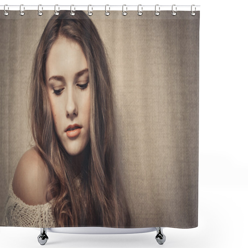 Personality  Young Beautiful Girl Looking Down, Studio Portrait Shower Curtains