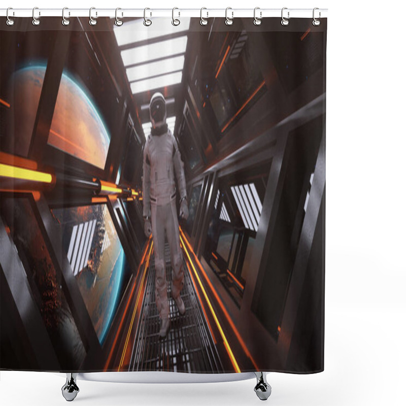 Personality  Technology And Future Concept. Alone Astronaut Walking In A Futuristic Sci-fi Corridor. Orange Neon Light. High Quality 3d Illustration Shower Curtains