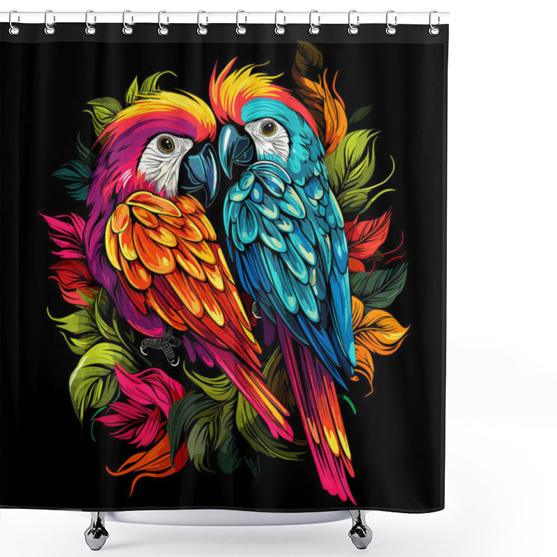 Personality  Tropical Birds Illustration. Decorative Colourful Image Of Parrots Among Bright Flowers Isolated On Black Background In Eye-catching Pop Art Style. Template For T-shirt, Sticker, Etc. Shower Curtains