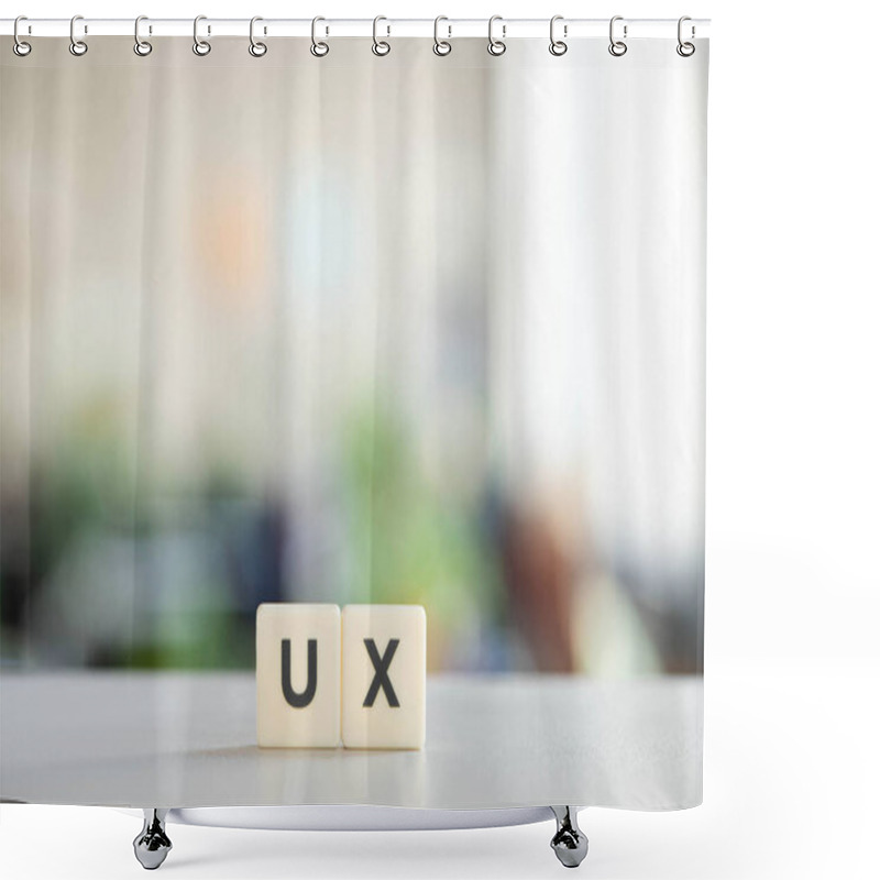 Personality  White Blocks With Ux Lettering On Office Desk  Shower Curtains