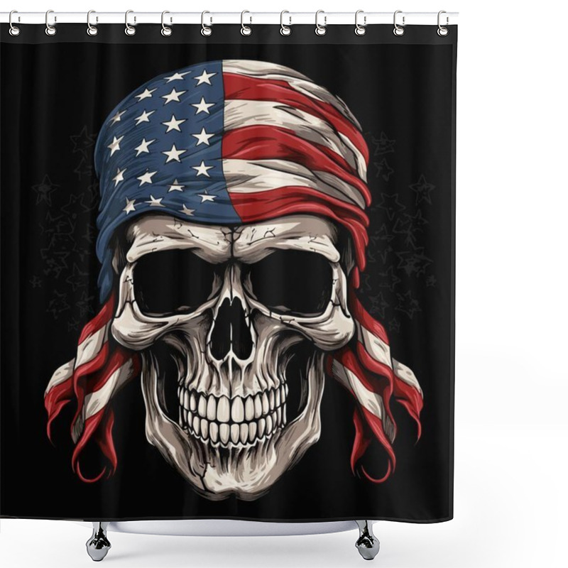 Personality  Vector Drawing For A T-shirt. Skull With An American Flag Tied In A Bandana On The Head On A Black Background. Fashionable Print For Fabric, Paper, Men Clothing. Fashion T Shirt Design. Shower Curtains