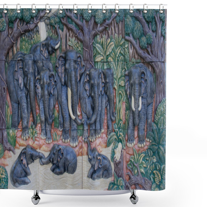 Personality  Elephant Carved Stone Walls. Shower Curtains