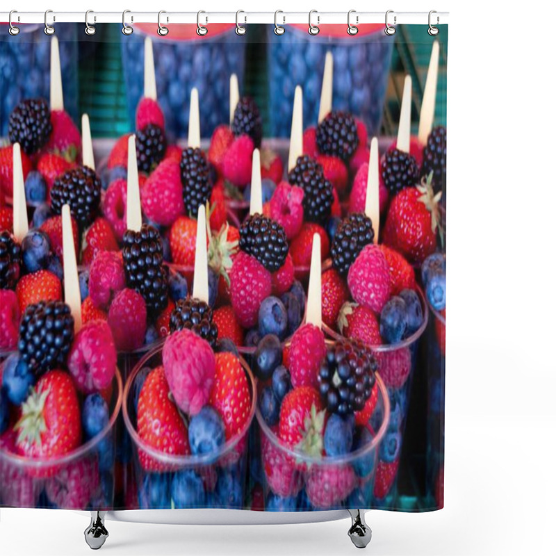 Personality  A Closeup Shot Of Cups Full Of Different Berries Put On A Market Shelf Shower Curtains