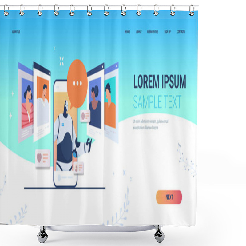 Personality  Businesswoman Discussing With Robot During Video Call Online Communication Teamwork Artificial Intelligence Shower Curtains