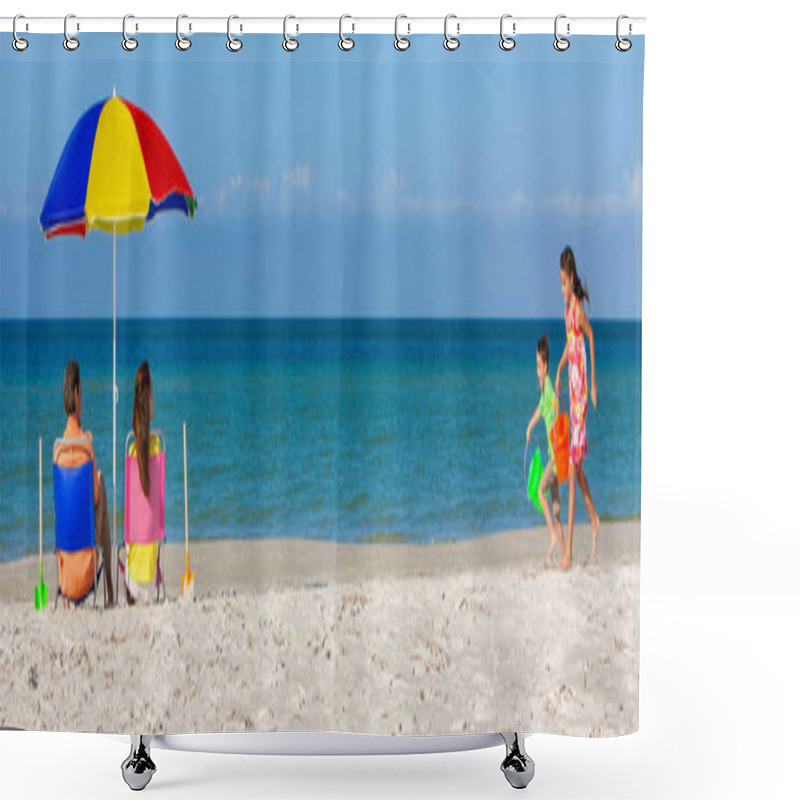 Personality  Panoramic Web Banner Rear View Of A Happy Family Of Mother & Father, Parents Daughter & Son Children Having Fun In Deckchairs Under An Umbrella On A Sunny Beach Shower Curtains