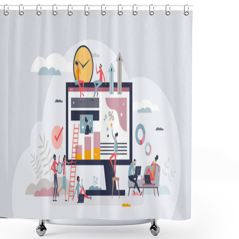 Personality  Hybrid Workforce With Distant Employees And Flexible Job Tiny Person Concept. Business Model With Outsourcing Colleagues For Remote Online Tasks Vector Illustration. Efficient Project Management. Shower Curtains