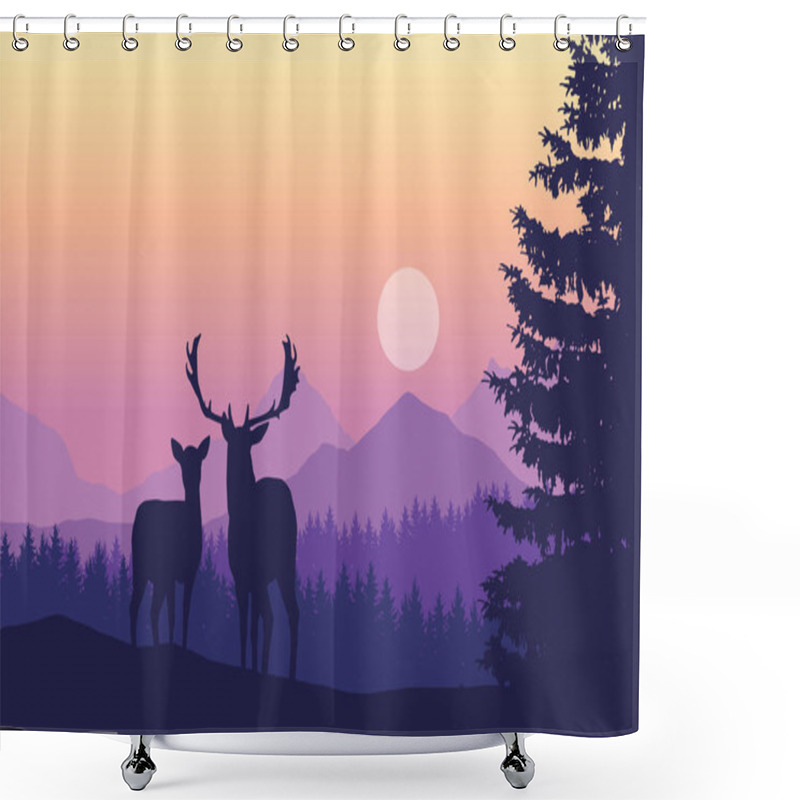 Personality  Two Deer Standing In Coniferous Forest Under Mountains And Yellow Purple Sky - Vector, With Space For Text Shower Curtains