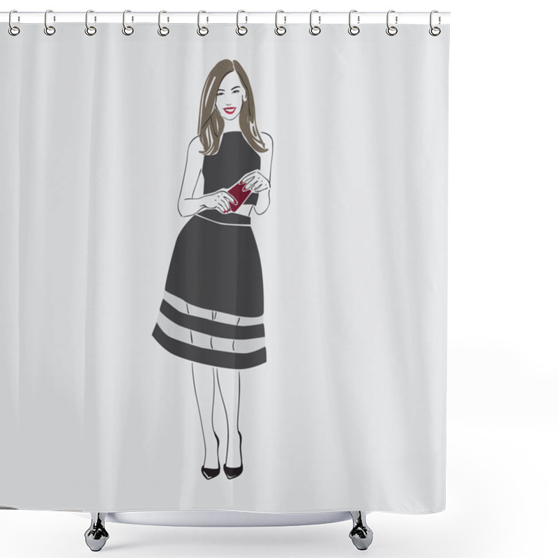 Personality  Beautiful Young Women Wih Long Dark Hair In A Black Dress And  Shoes. Isolated Vector Illustration. Shower Curtains