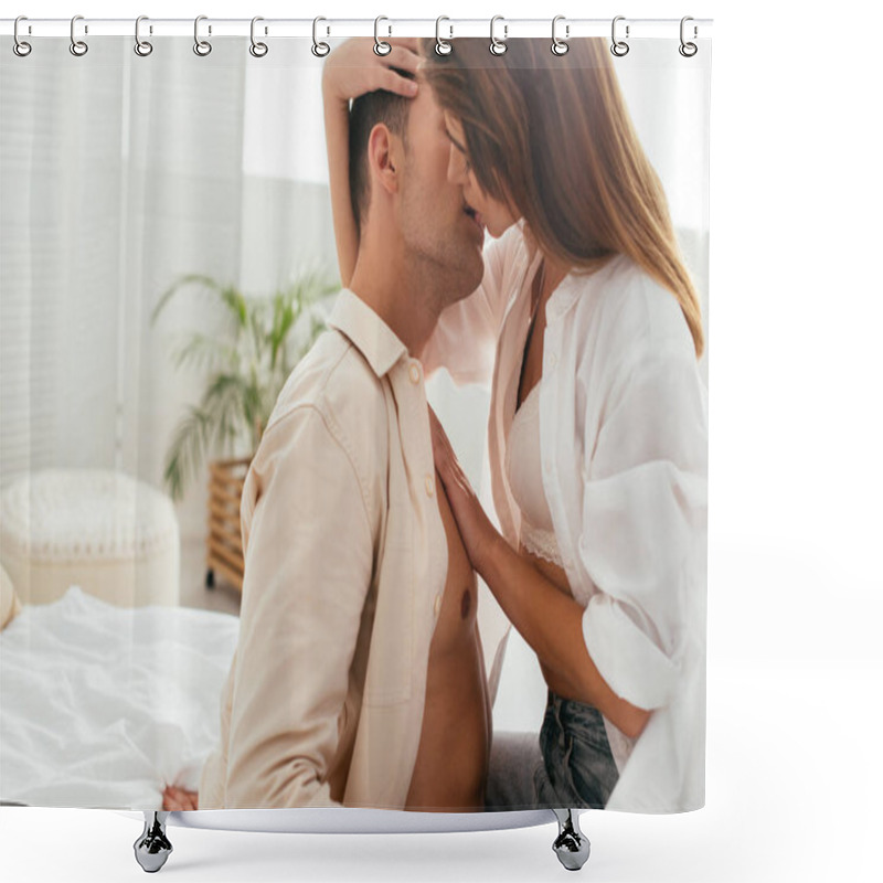 Personality  Girlfriend In Bra Kissing And Hugging With Boyfriend In Apartment  Shower Curtains